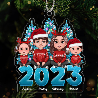 Family Crossed Legs Sitting Christmas Tree Blue Themed 2023 Dad Mom Kids Dogs Cats Personalized Acrylic Ornament