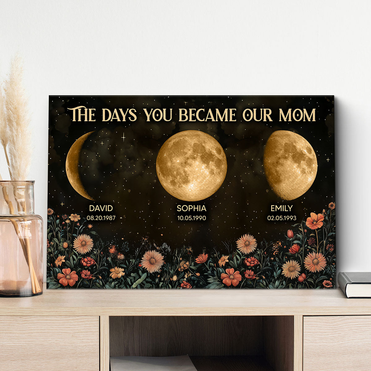 Vintage Flowers The Day You Become Mom Grandma Custom Birth Moon Phase Personalized Canvas Prints