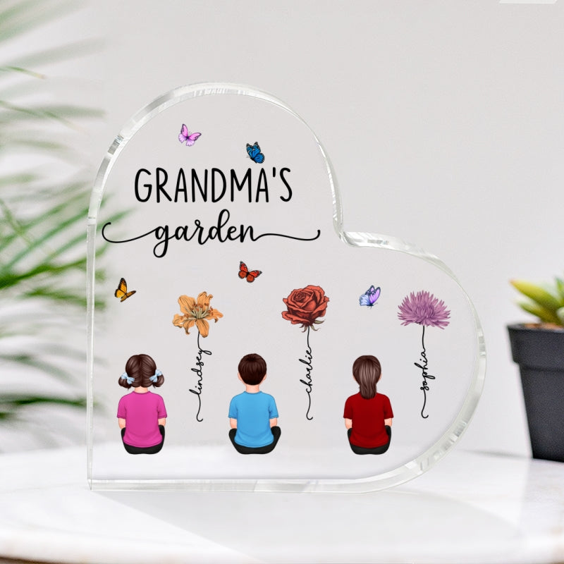 Grandkids Sitting Grandma Garden Vintage Birth Month Flowers Mother‘s Day Gift Personalized Heart Acrylic Block