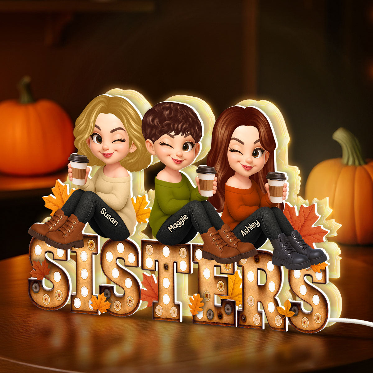 Fall Besties Sitting On Text Marquee Effect Personalized Light Box, Meaningful Gift For Best Friends