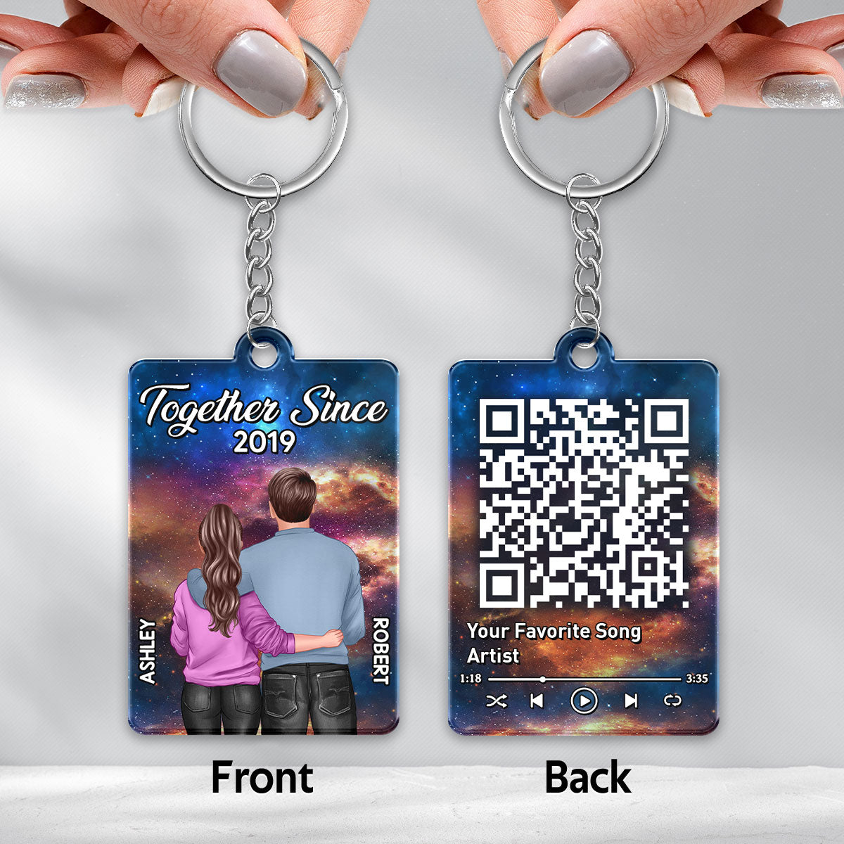 Couple Hugging Back View In Galaxy Favorite Song QR Code Personalized Acrylic Keychain