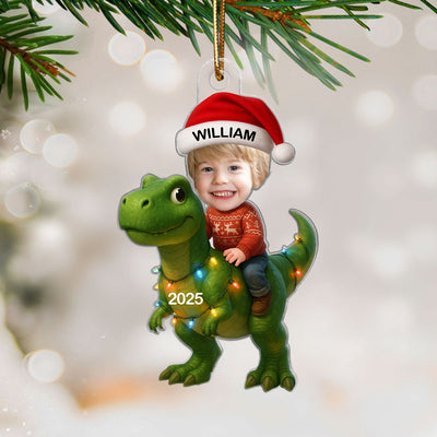 3D Effect Custom Kid Face With Dinosaur Christmas Personalized Acrylic Ornament