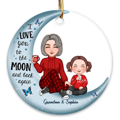 Cute Grandma & Grandkid On Moon Christmas Gift Personalized Circle Ornament [Grandma's nickname can be changed]