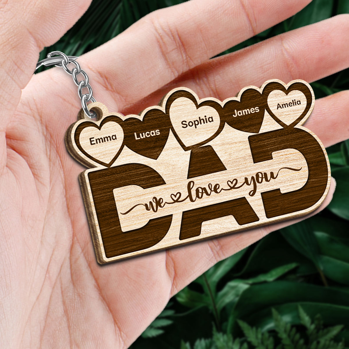 Dad We Love You Hearts Personalized Wooden Keychain