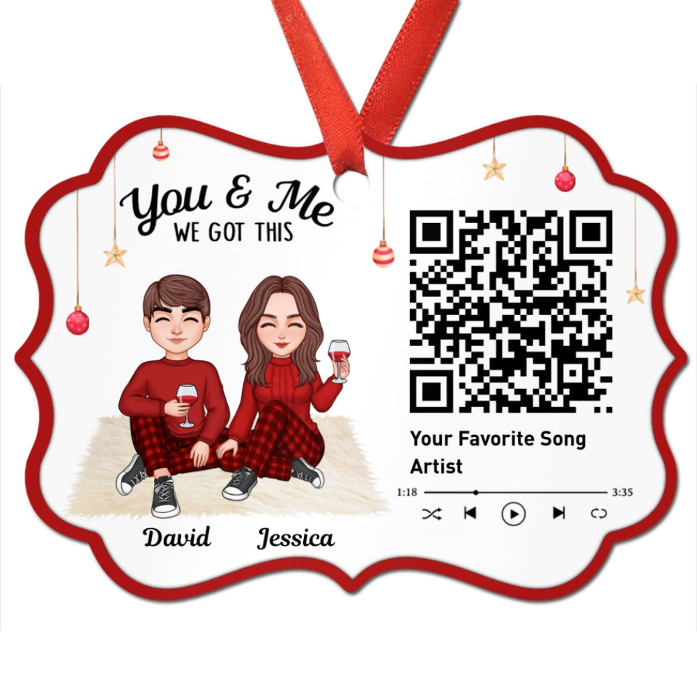 Christmas Couple Sitting Favorite Song Scannable QR Code Personalized Christmas Ornament