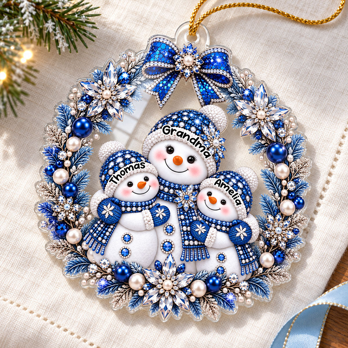 Grandma Grandkid Snowman Wreath - Personalized Acrylic Ornament - Christmas Gift for Grandma, Grandkids