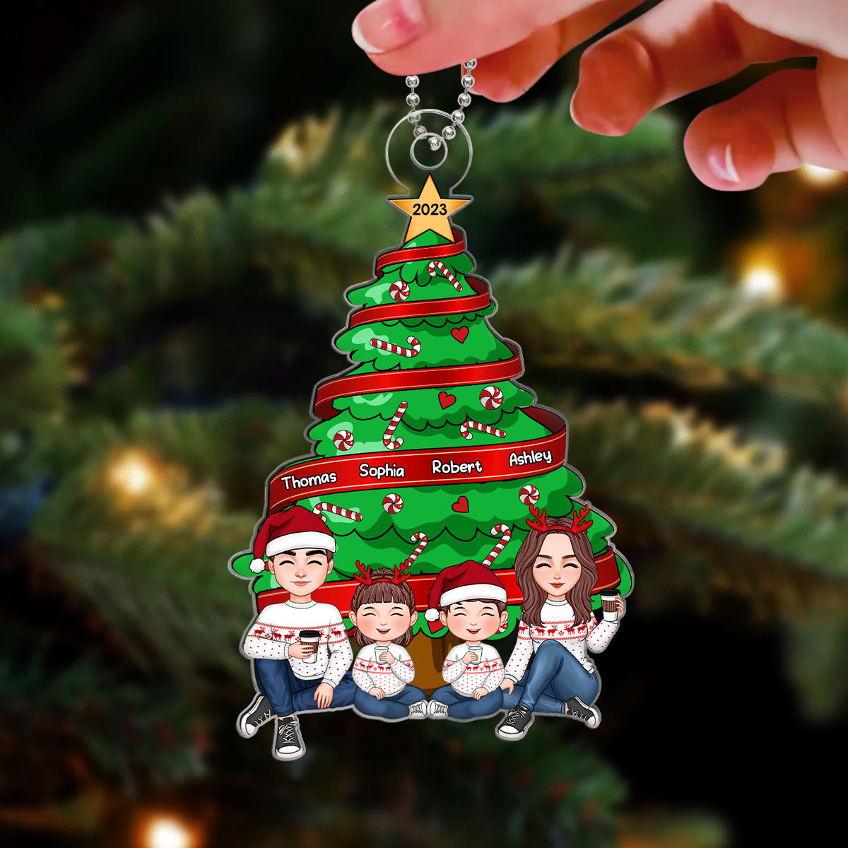 Family Sitting Under Christmas Tree Personalized Acrylic Name Ornament