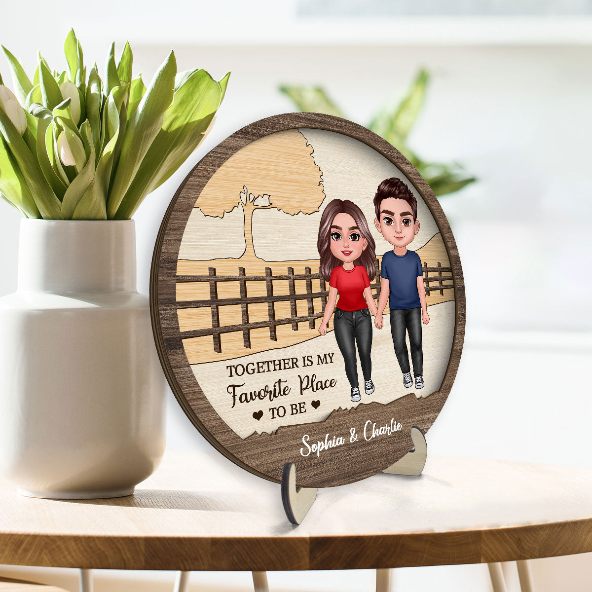 Couple Standing Landscape Personalized 2-layer Wooden Plaque