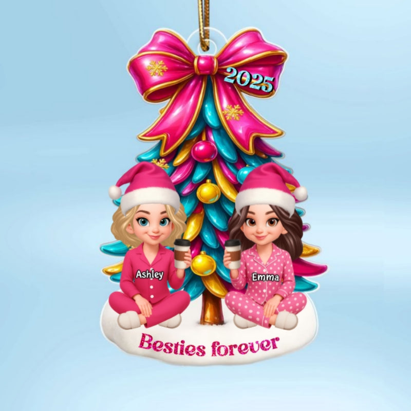 Besties Sitting Under Pink Christmas Tree Personalized Acrylic Ornament, Christmas Gift for Best Friends, Sisters
