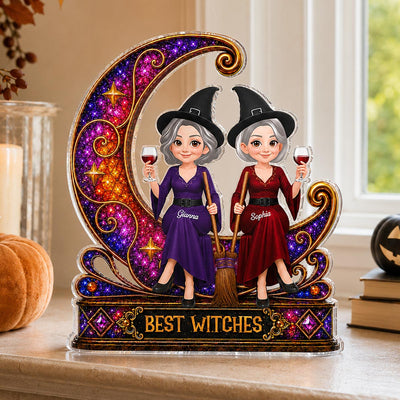 Pretty Witches Sitting On Moon Sparkle 2D Flat - Personalized Acrylic Block - Halloween Decoration