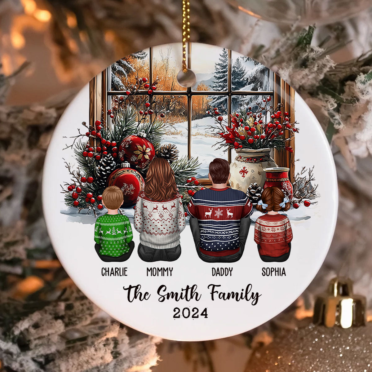 Family Sitting By The Window Personalized Ceramic Ornament, Christmas Gift for Siblings