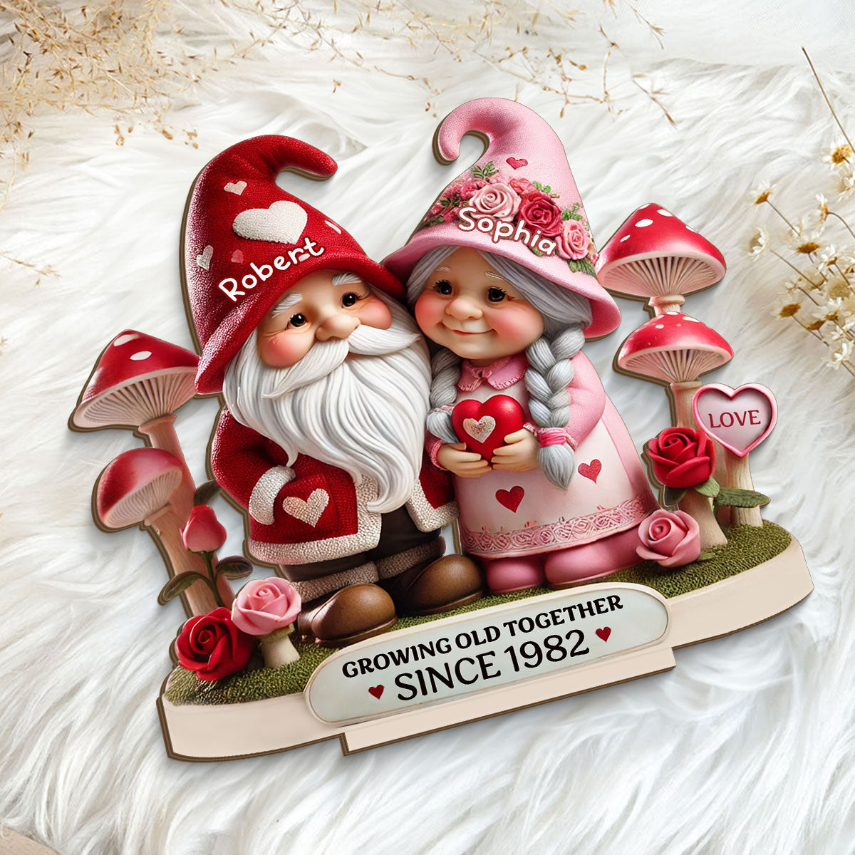 3D Effect Gnome Mushroom Old Couple Personalized Wooden Standing, Heartfelt Anniversary Gift,  Gift For Couple, For Him, For Her, Husband, Wife