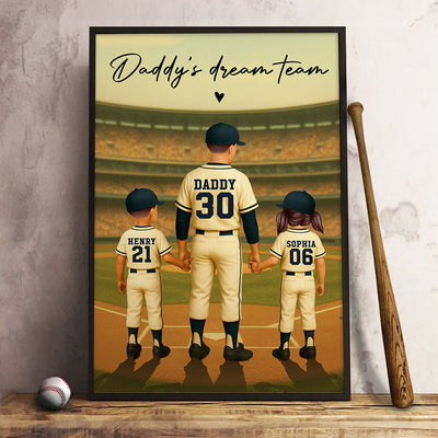 Daddy's Dream Team No. 1 Dad Man & Kids Baseball Retro Personalized Poster