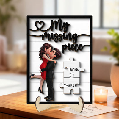 Couple Hugging Kissing Eternal Love You Are My Missing Piece - Personalized 2-Layered Wooden Plaque - Heartfelt Valentine's Day Gift, Anniversary Gift For Couple