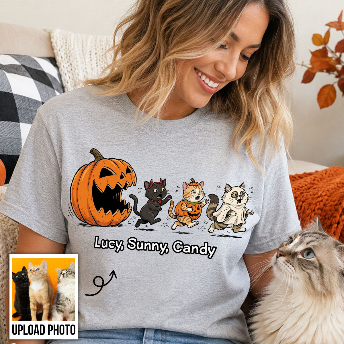 Funny Halloween Cat Dog Upload Photo - Personalized Shirt - Gift For Cat Lovers, Dog Lovers