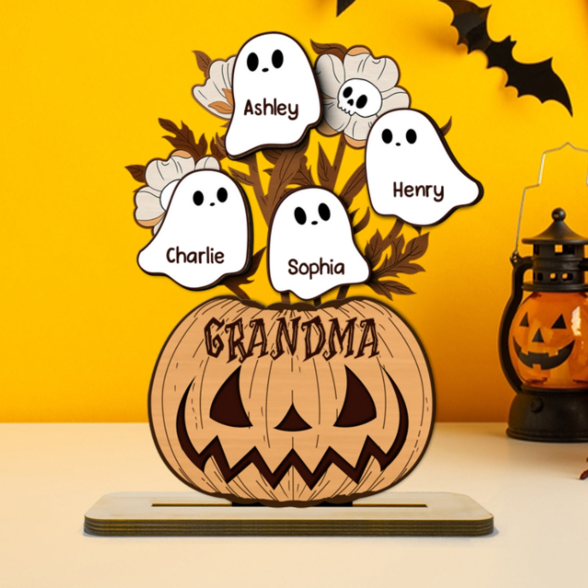 Halloween Grandma Pumpkin Vase Flowers Personalized 2-Layer Standing Wooden Plaque, Halloween Decor