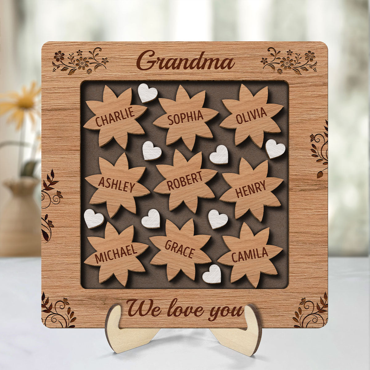 Grandma Mom Flowers Hearts Personalized 2-layer Wooden Plaque