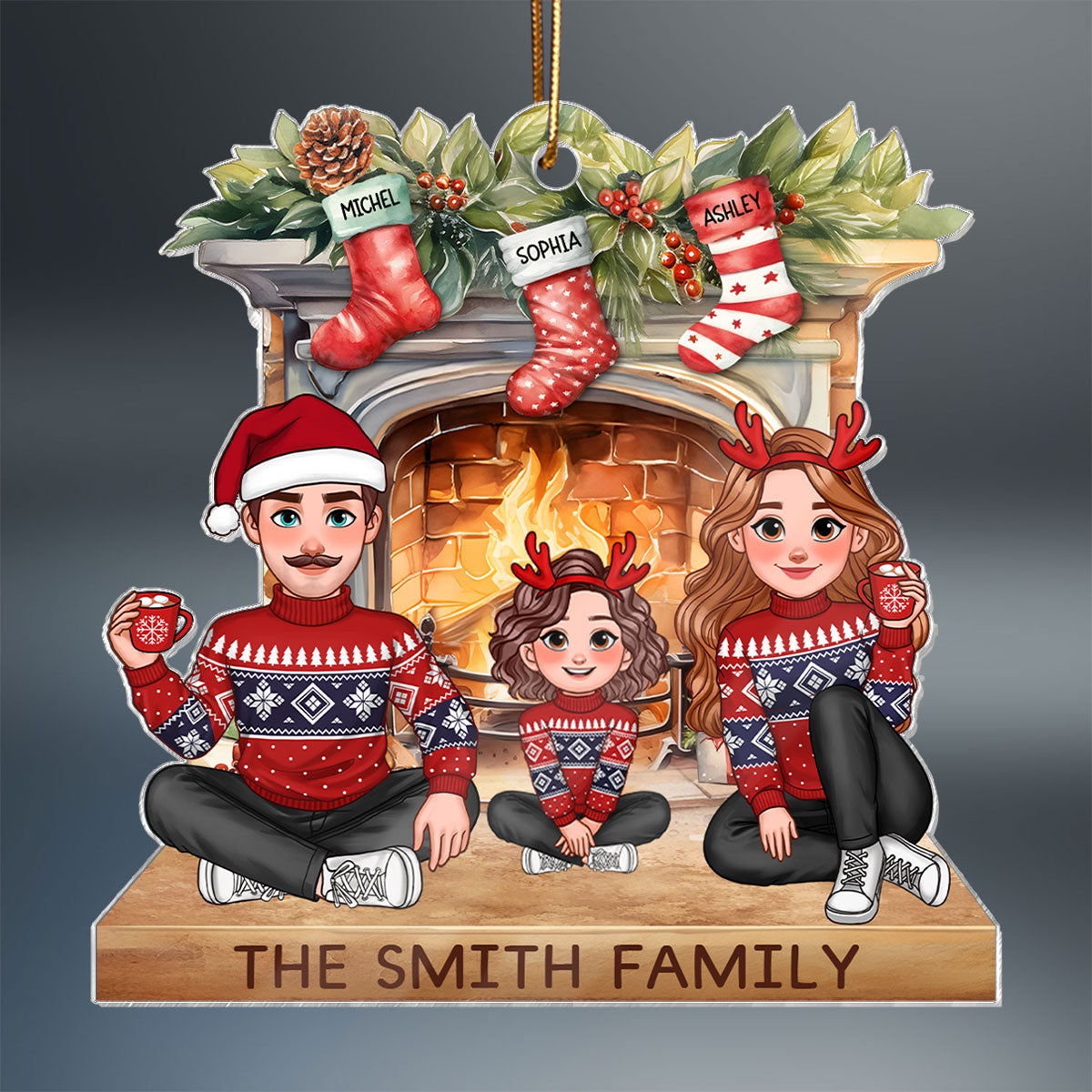Animated Family Sitting At Christmas Fireplace Personalized Acrylic Ornament