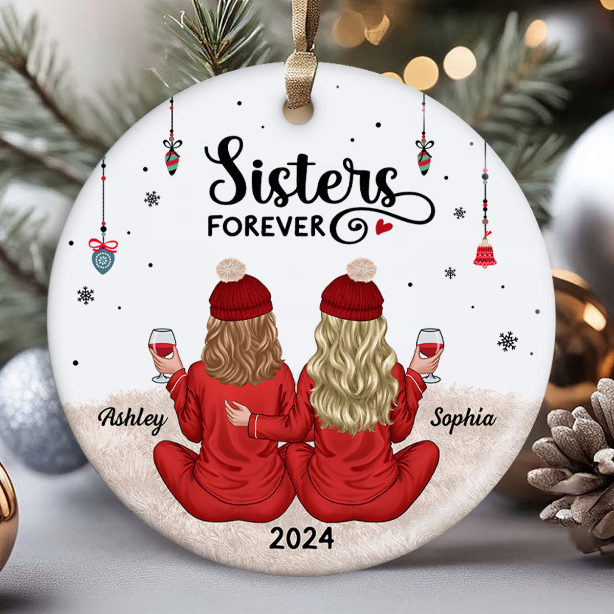 Back View Pajamas Sisters Forever Personalized Ceramic Ornament, Christmas Gift For Sisters