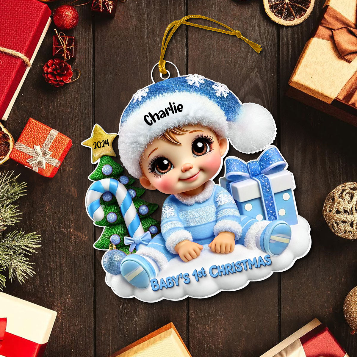 Cute Baby Sitting Personalized 2D Flat Acrylic Ornament, Christmas Keepsake for Baby, New Mom, New Dad