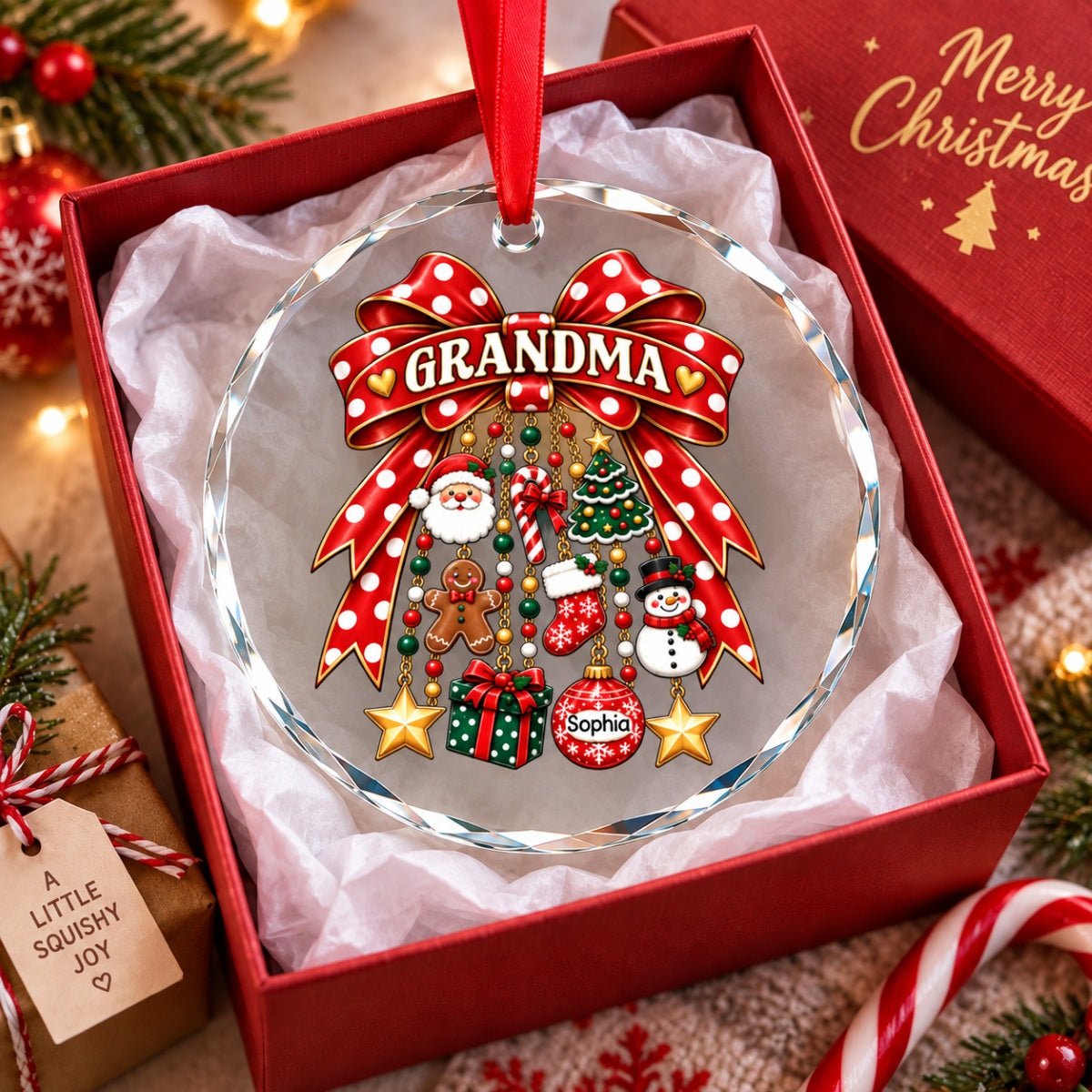 Grandma Retro Christmas Charm Bow - Personalized Glass Ornament - Trendy Christmas for Grandma
