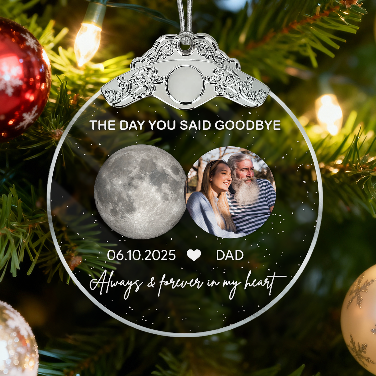 The Day You Said Goodbye Custom Moon Phase Upload Photo - Personalized Glass Ornament With Silver Cap - Heartwarming Memorial Sympathy Gift