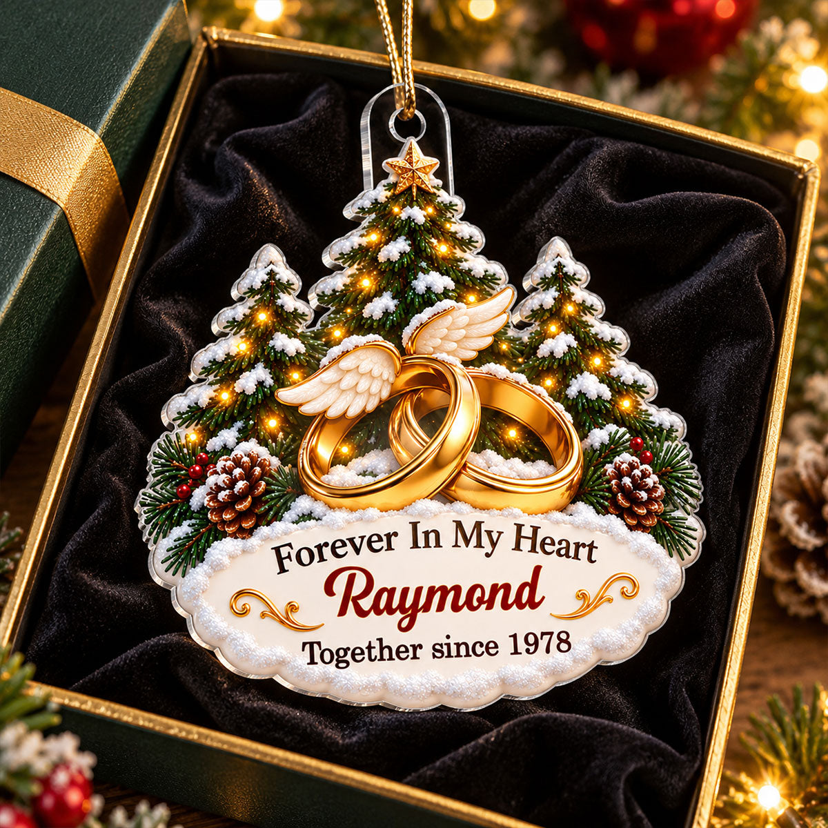 Forever In My Heart Wedding Rings With Angel Wings - Personalized Acrylic Ornament - Christmas Memorial Gift For Loss Of Husband, Wife, Loved Ones