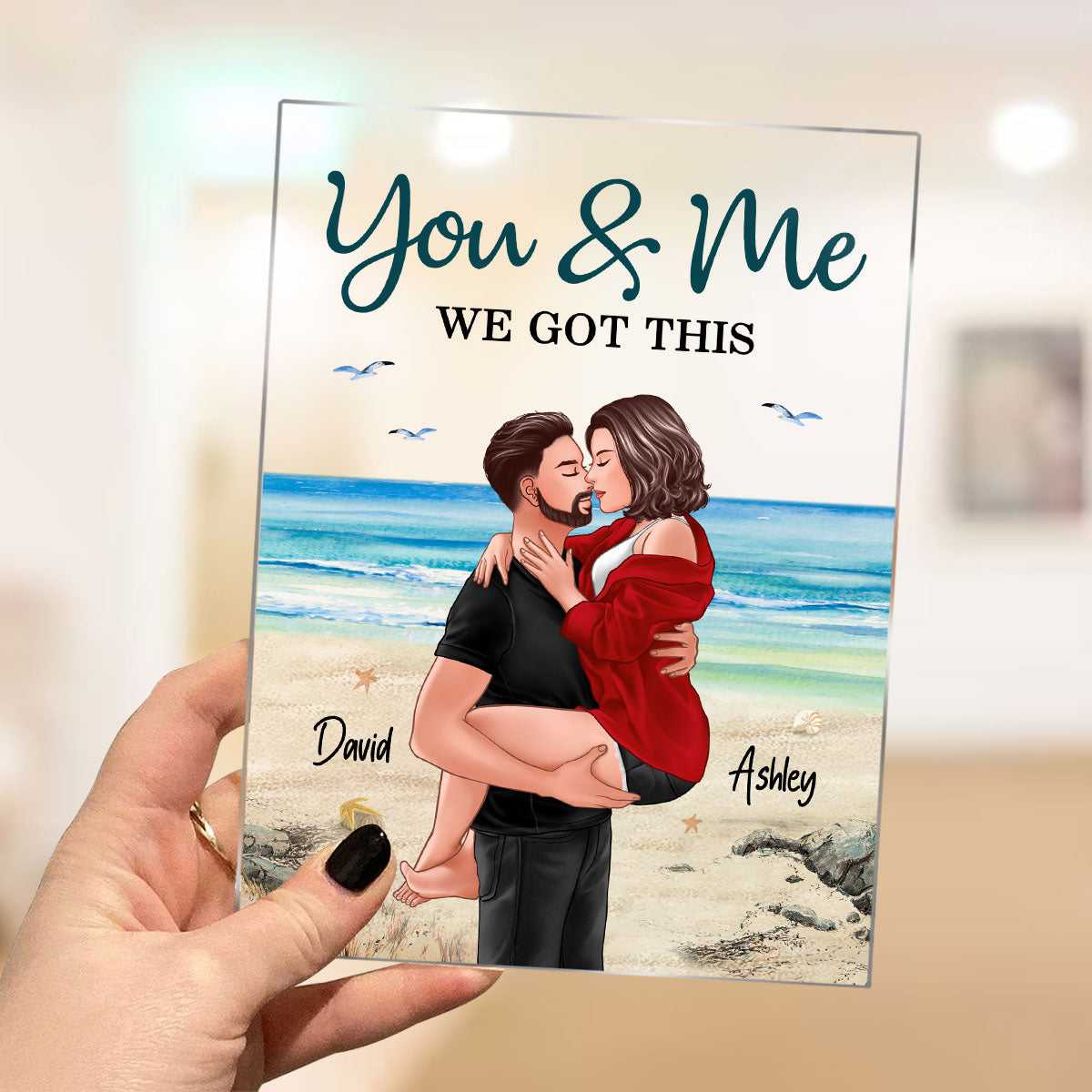 Couple Man Holding Woman Kissing Beach Landscape Personalized Acrylic Plaque