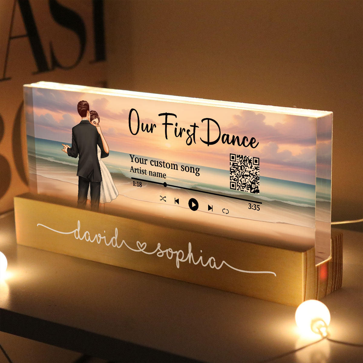 Romantic Dancing Couple On Eternal Sunset Beach Landscape Personalized Acrylic Block LED Night Light