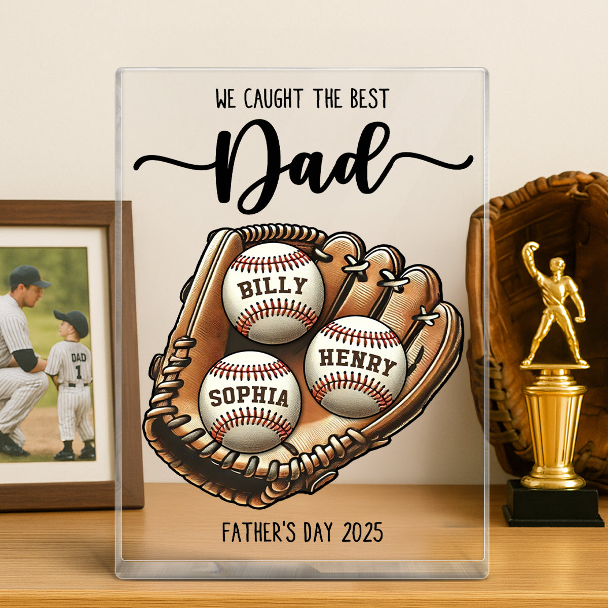 We Caught The Best Dad Baseball, Softball Personalized Acrylic Block Plaque, Custom Kid's Name, Father’s Day Gift For Husband, Gift For Dad