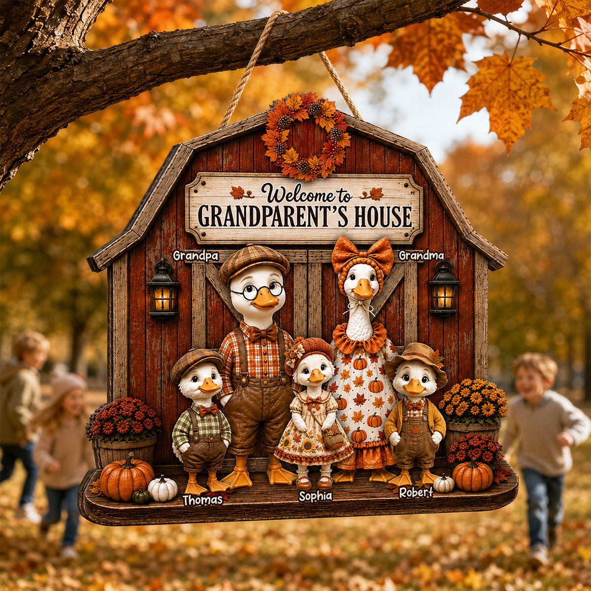 Grandma & Grandpa's Fall Goose Family - Personalized Wood Sign - Fall Season Decoration