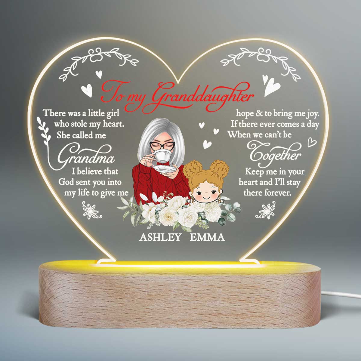To My Granddaughter Grandson Personalized Heart Plaque LED Night Light