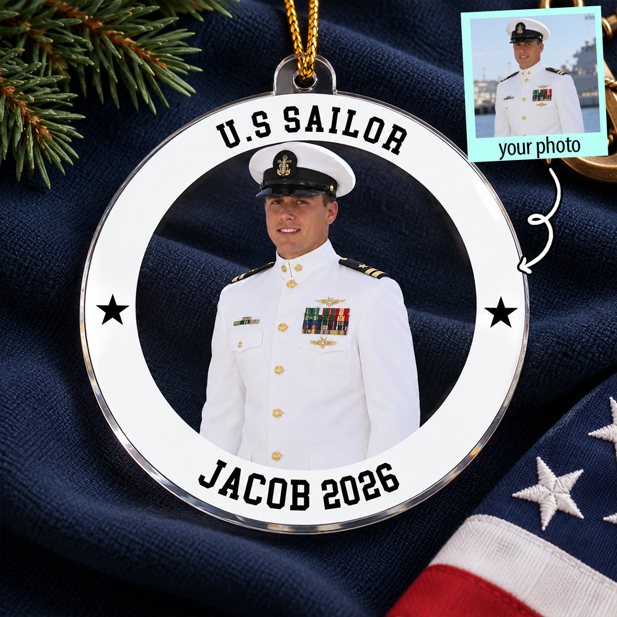 Custom Photo Navy Uniform – Personalized Acrylic Ornament – Proud Navy Mom Dad Keepsake, Christmas Gift for Military Family