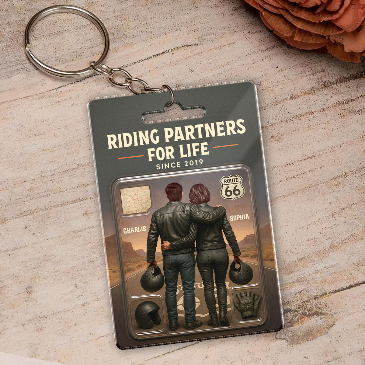 3D Effect Custom Figure Couple Bikers Riding Partners For Life Personalized Acrylic Keychain, Gift For Bikers