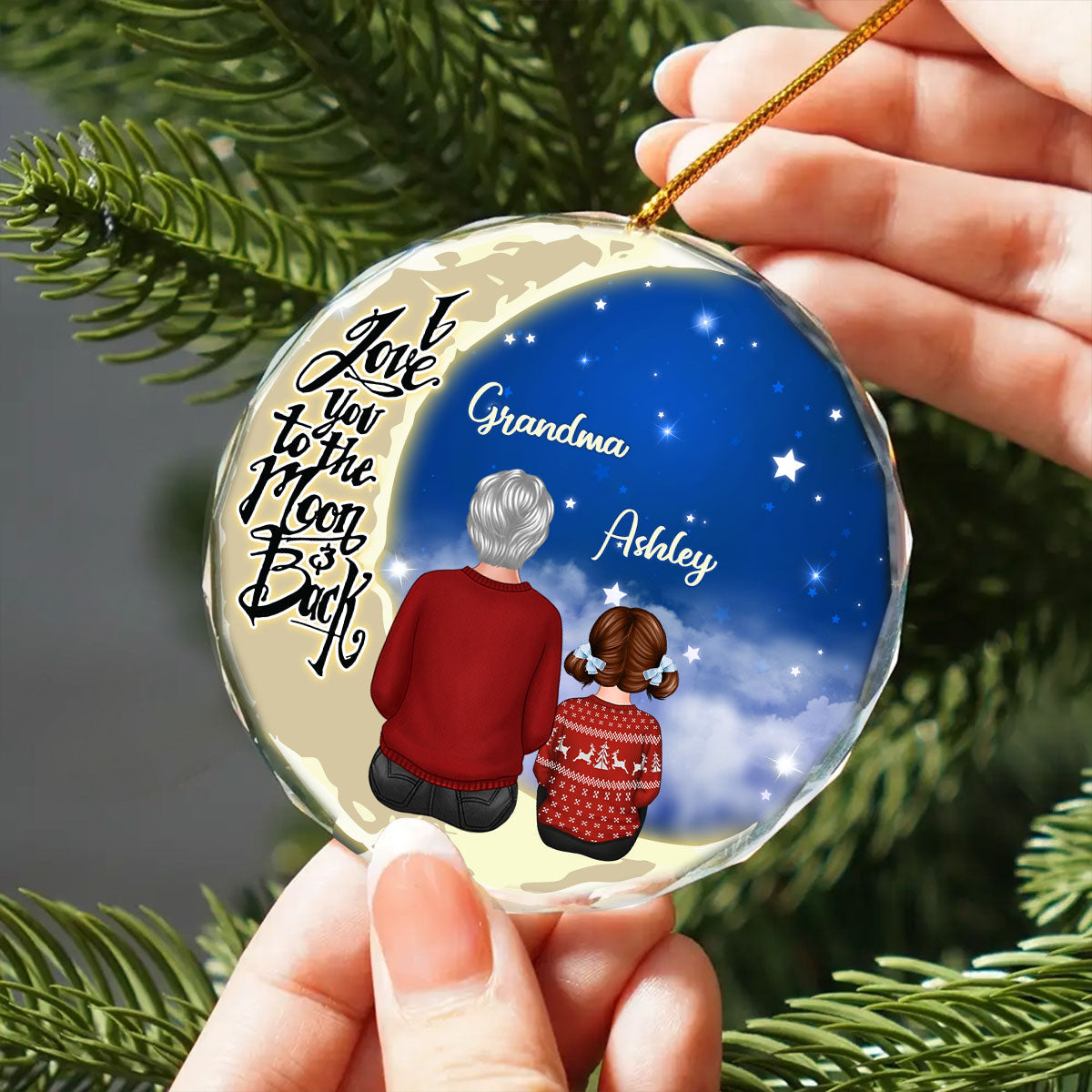 Grandma Grandkids On Moon Personalized Glass Ornament, Christmas Gift for Grandkids, Granddaughter Grandson, Gift for Grandma