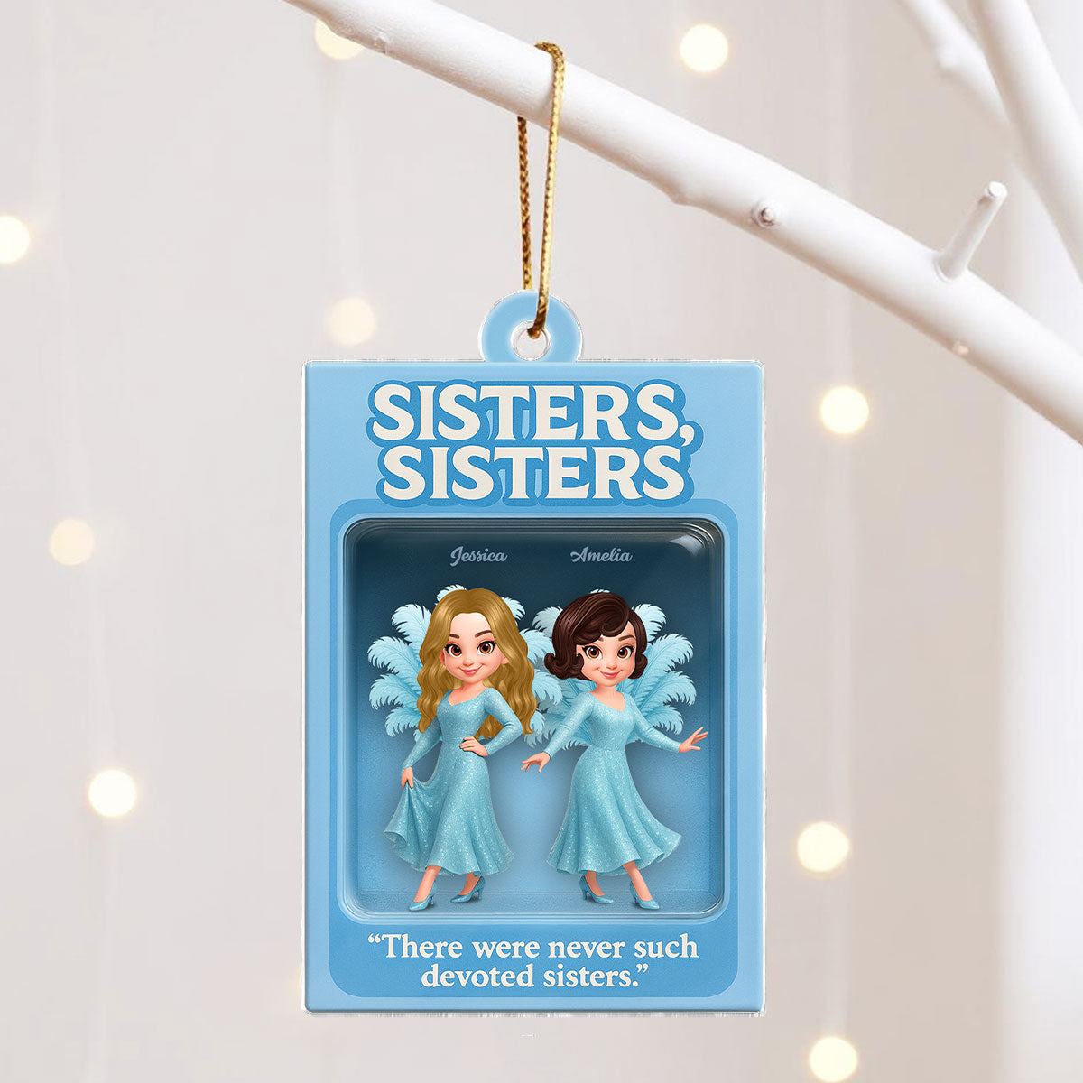 3D Effect Blue Dress Sisters Besties Inside Toy Box Personalized Acrylic Ornament