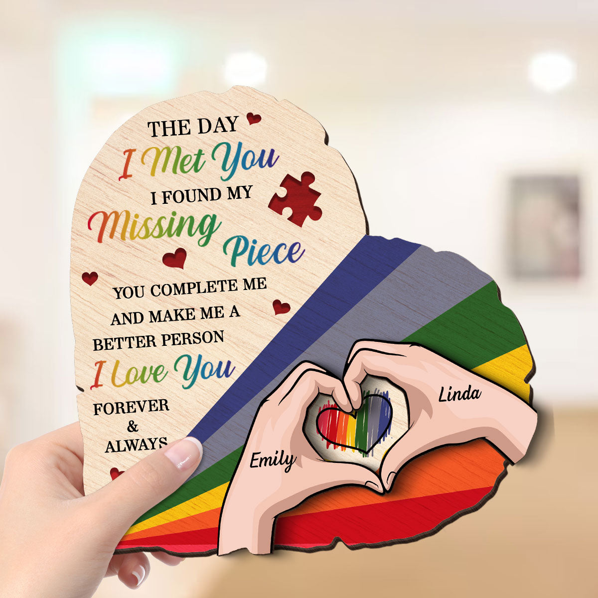 Half Heart Rainbow Flag LGBTQ Couple Personalized 2-Layered Wooden Plaque, Pride Month gift