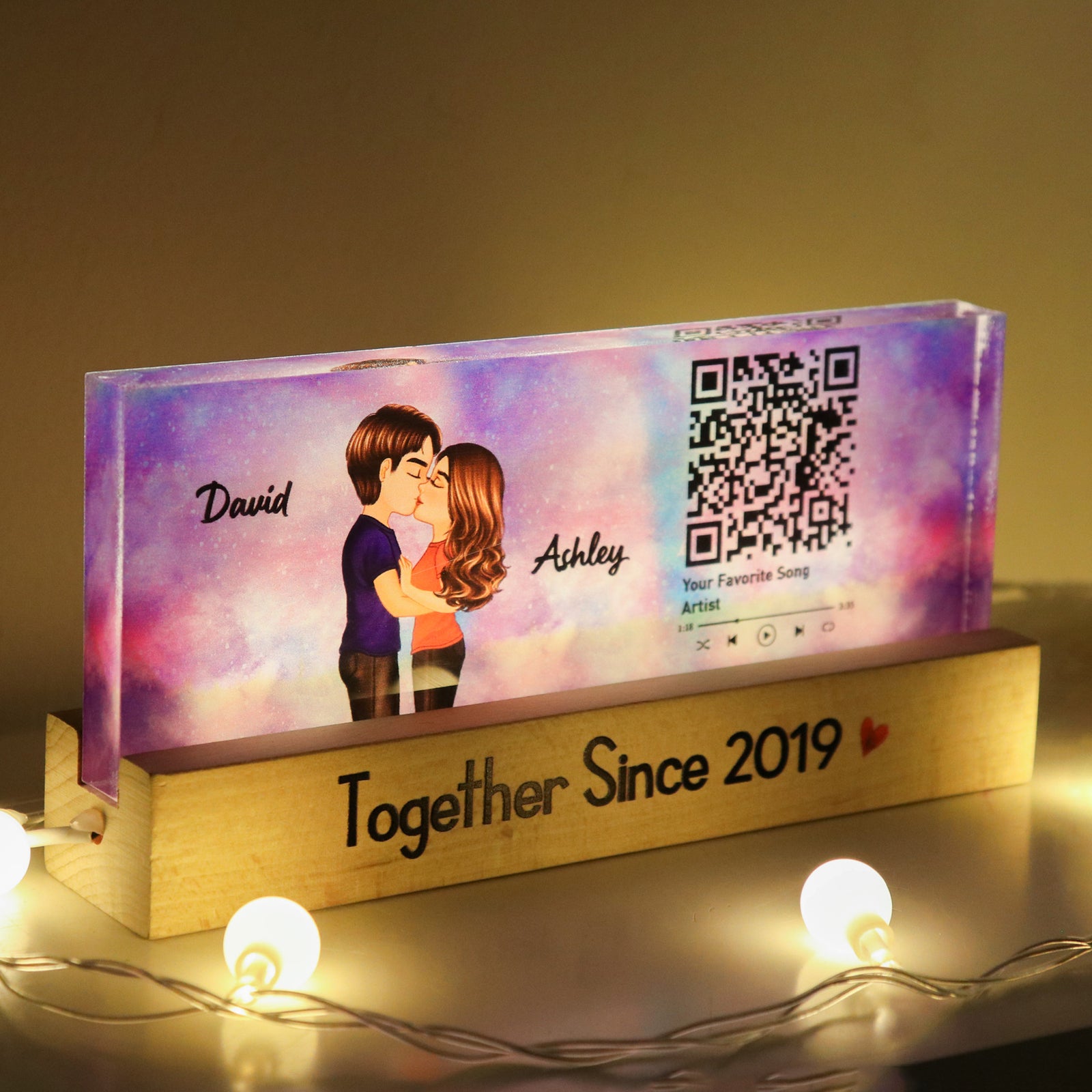 Couple Kissing, Favorite Song Scannable QR Code Personalized Acrylic LED Night Light, Anniversary, Just Because Gift For Her, Gift For Him