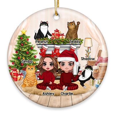 Couple And Cats Fireplace Christmas Personalized Circle Ornament