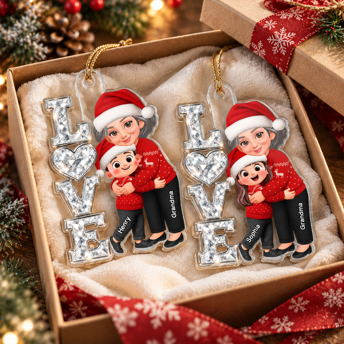Grandma Hugging Grandkid LOVE Sparkle 2D Flat - Personalized Acrylic Ornament - Christmas Gift For Grandma, Granddaughter, Grandson