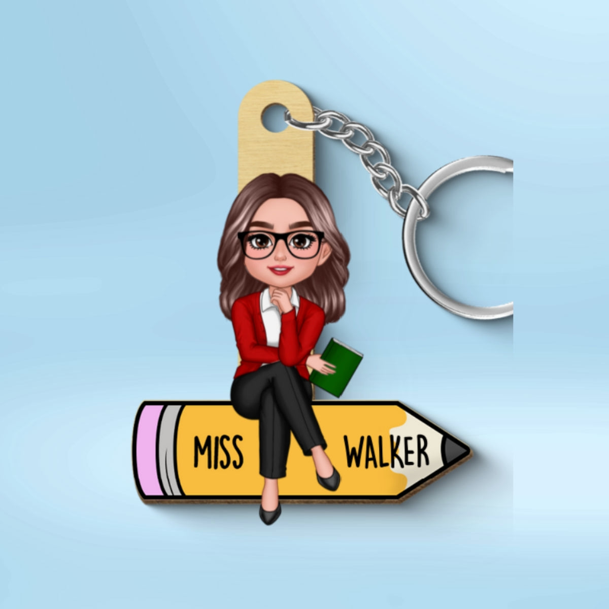 Doll Teacher Sitting On Pencil Personalized Wooden Keychain, Back To School Gift For Teacher