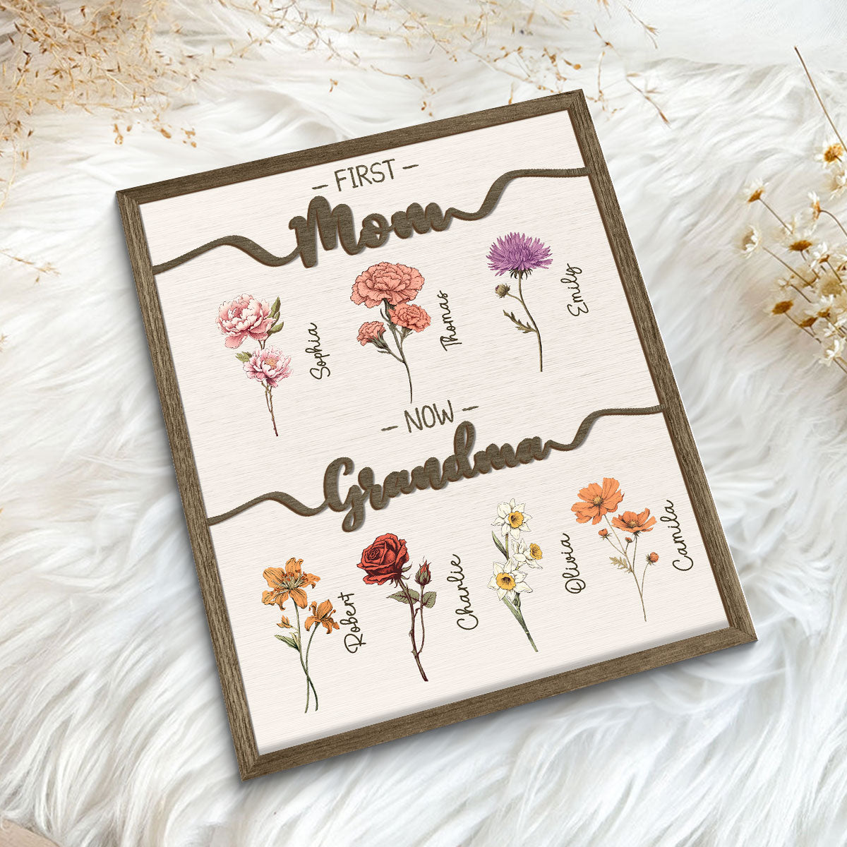 First Mom Now Grandma Vintage Birth Month Flowers Personalized 2-Layer Wooden Plaque, Heartfelt Gift For Grandma, Mom