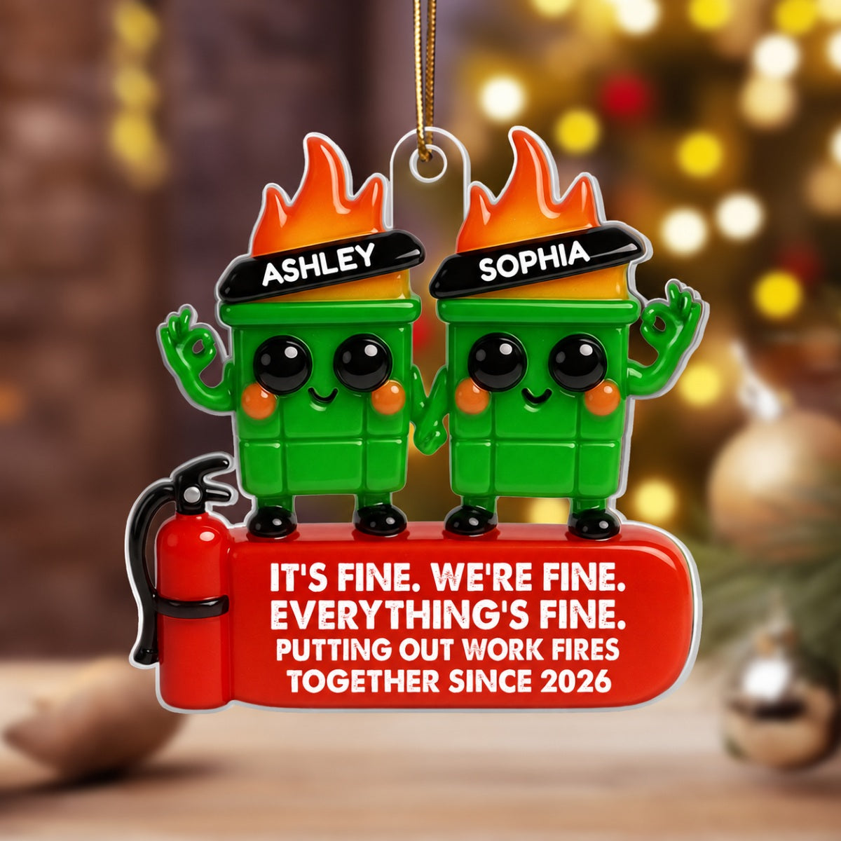 Colleagues Putting Out Work Fire Together 3D Effect - Personalized Acrylic Ornament - Funny Humor Christmas Gift for Coworkers, Colleagues