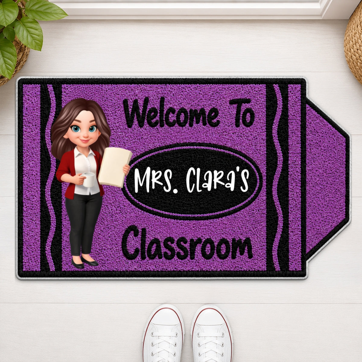 Happy Crayon Teacher Welcome To Classroom - Personalized Doormat - Back To School Gift For Teacher, Classroom Decor