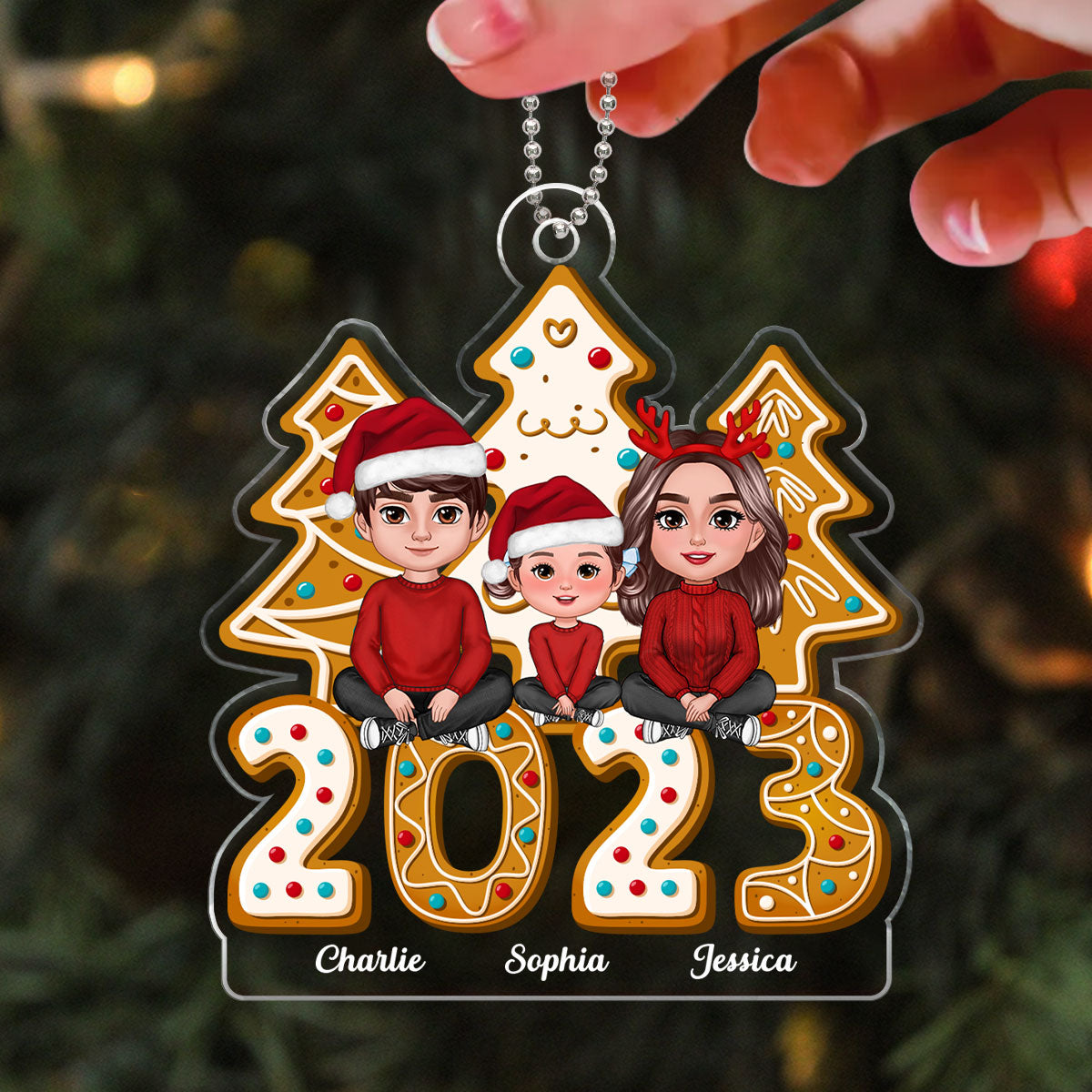 Gingerbread 2023 Family Dad Mom Kids Dogs Cats Crossed Legs Sitting Personalized Acrylic Ornament
