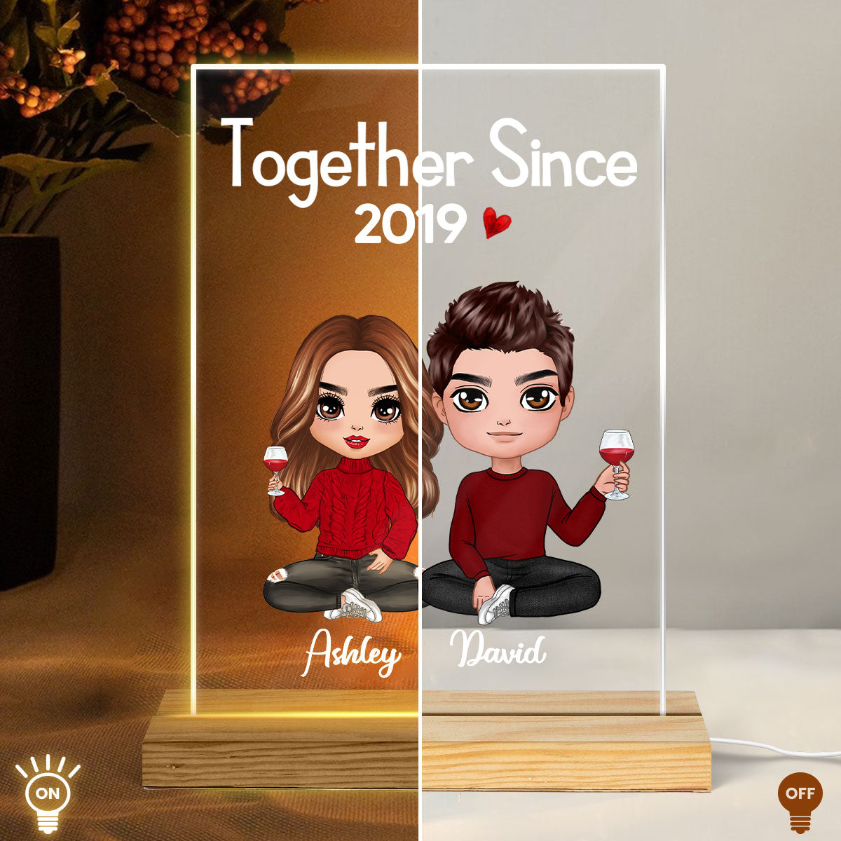 Couple Sitting - Personalized Acrylic Block Plaque LED Night Light - Anniversary Gift For Him, Gift For Her