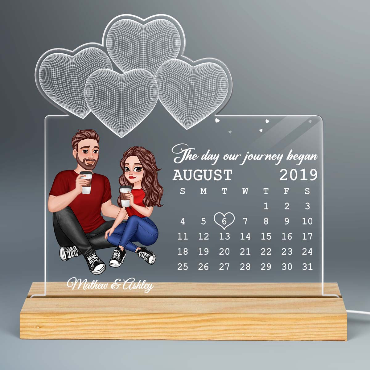 Cartoon Couple Sitting Under 3D Heart Calendar Anniversary Gift For Him Gift For Her Personalized Custom Shaped Acrylic Plaque LED Night Light