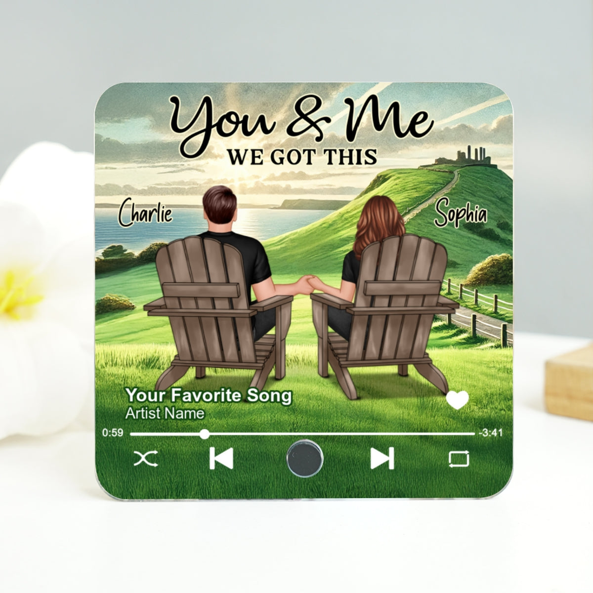 Back View Couple Sitting On Grass Hill Personalized Music Fridge Magnet, Heartfelt Gift For Couple, For Him, For Her