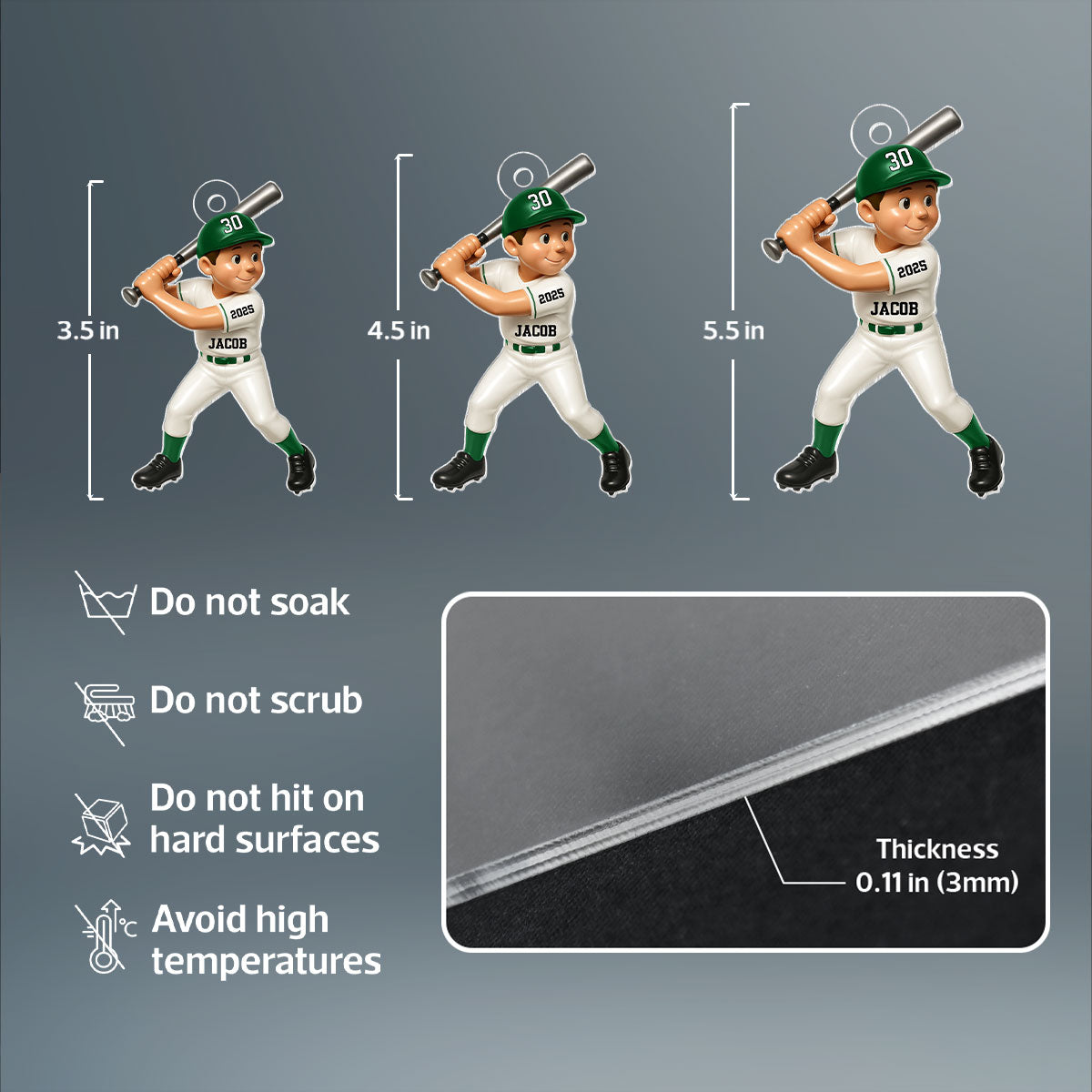 Cute Baseball Player 3D Effect, Personalized Acrylic Flat Ornament, Gift for Son, for Daughter, for Grandson, for Granddaughter