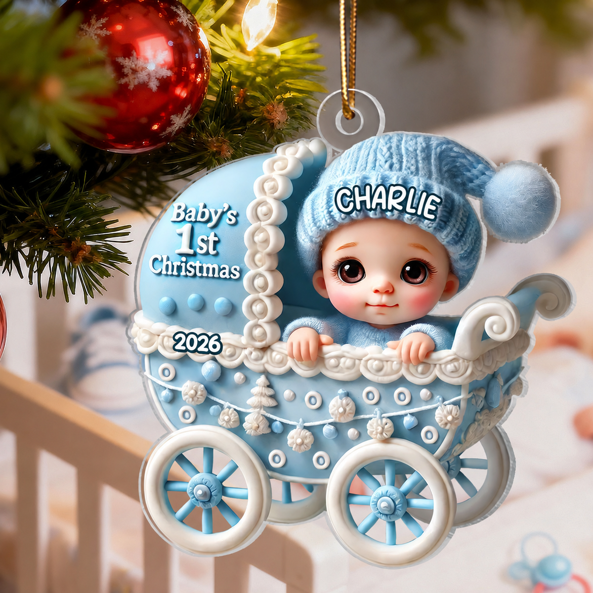 3D Effect Newborn Baby In Carriage Christmas Personalized Flat Acrylic Ornament, Christmas Gift For Newborns, New Parents